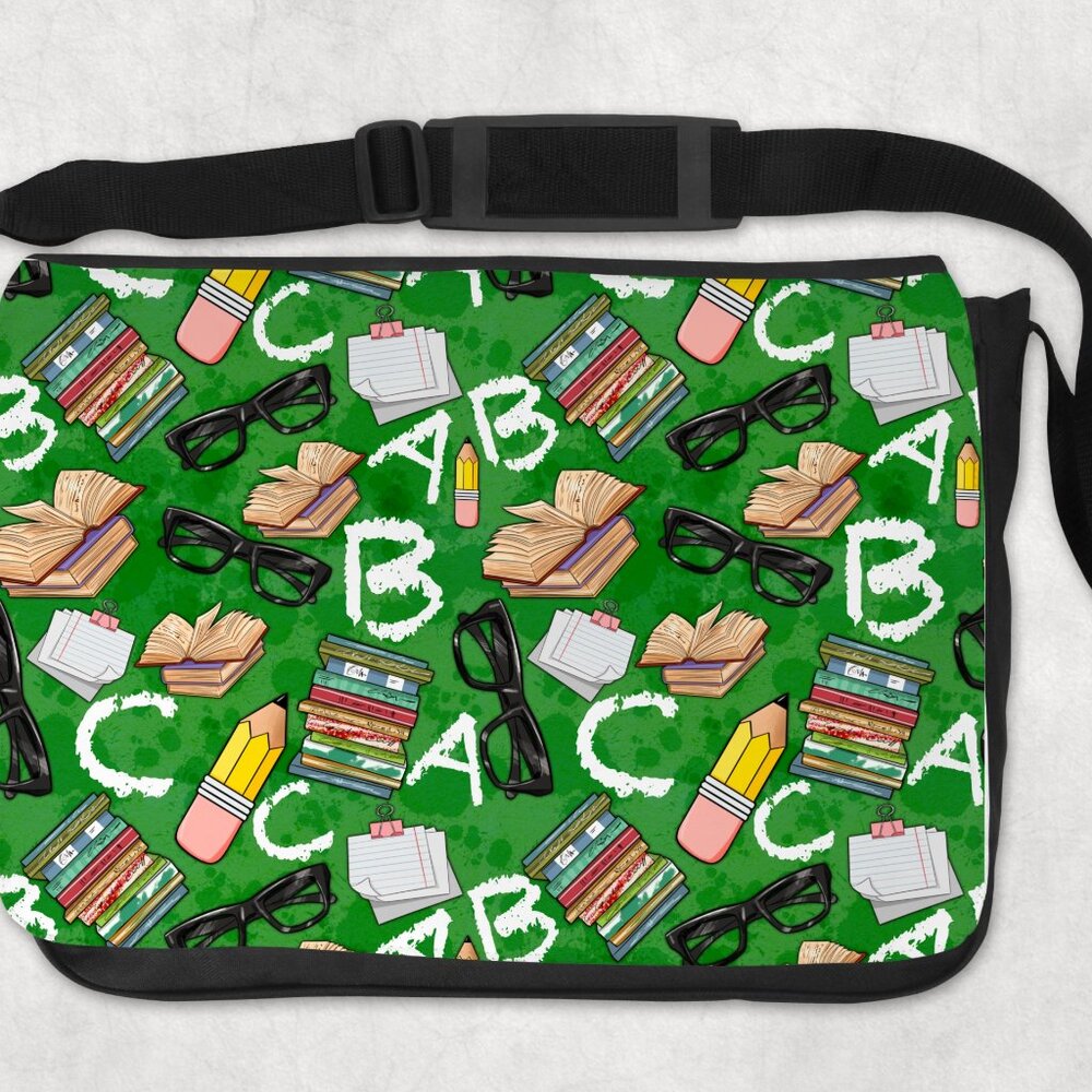 Teacher Books Pencils Glasses Design Adjustable Strap Shoulder Messenger Bag